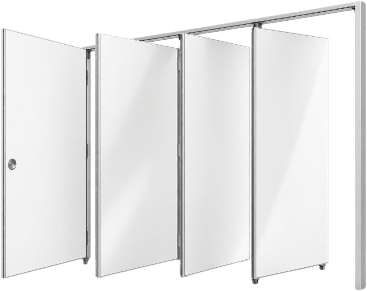 Tabique móvil de paneles blancos desplegándose desde la guía superior de aluminio